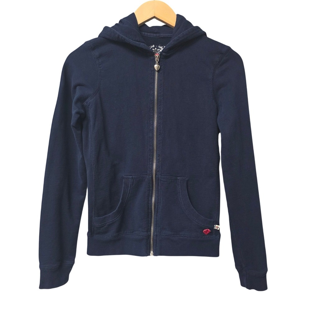 Twisted Heart Zip Up Hoodie Womens M Navy Vintage Y2K McBling Rhinestone Graphic - Picture 2 of 8